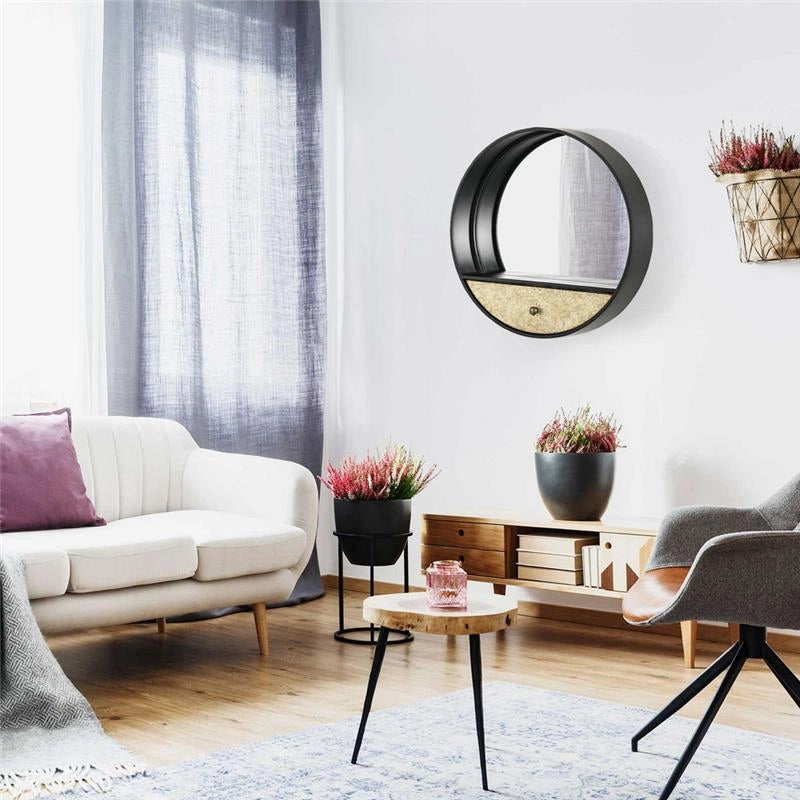 SPECCHIO DA PARETE ROTONDO Ø61CM CON CASSETTO E CORNICE IN METALLO NERO