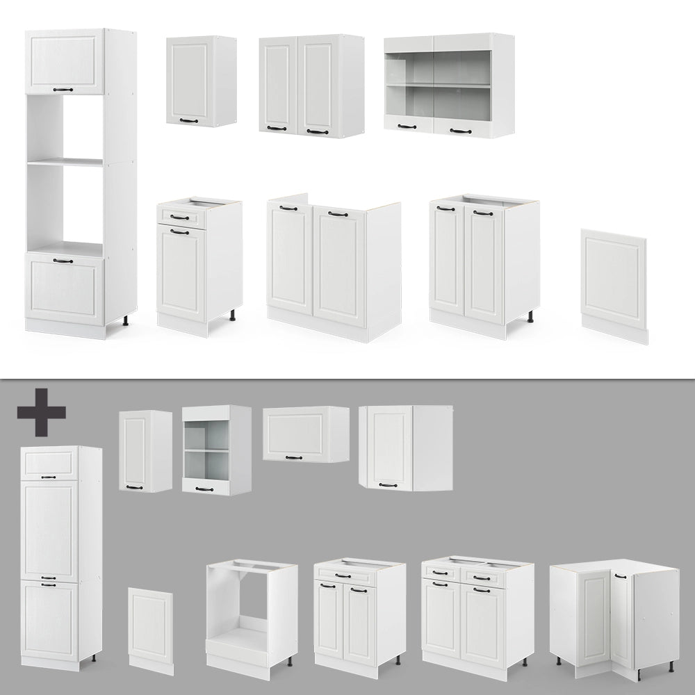 Vicco Cucina componibile Casa di campagna bianca/bianco 300 cm con armadio alto, PL Marmo