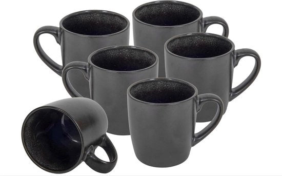 Set di 6 tazze da caffè in metallo nero, 350 ml, ceramica, lavastoviglie resistente