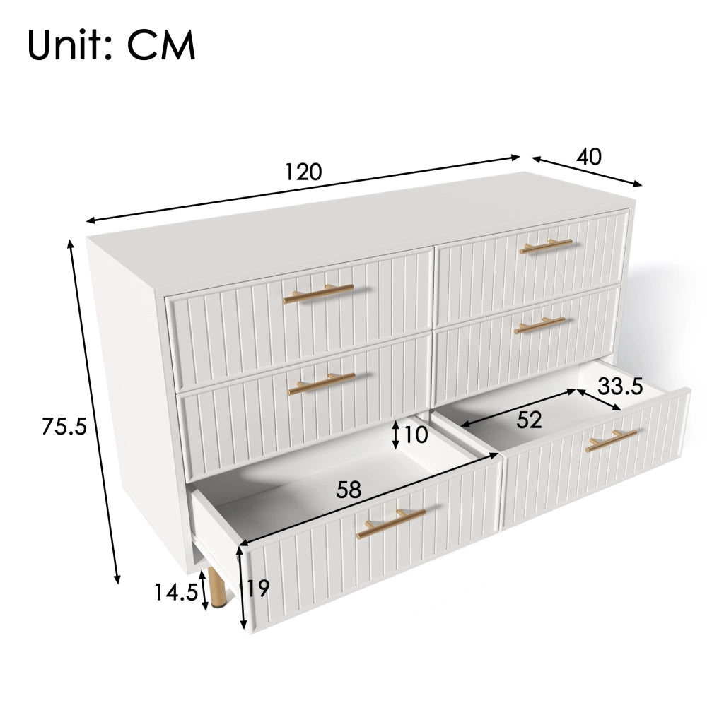 Cassettiera bianca 120 cm con 6 cassetti e piedini in metallo