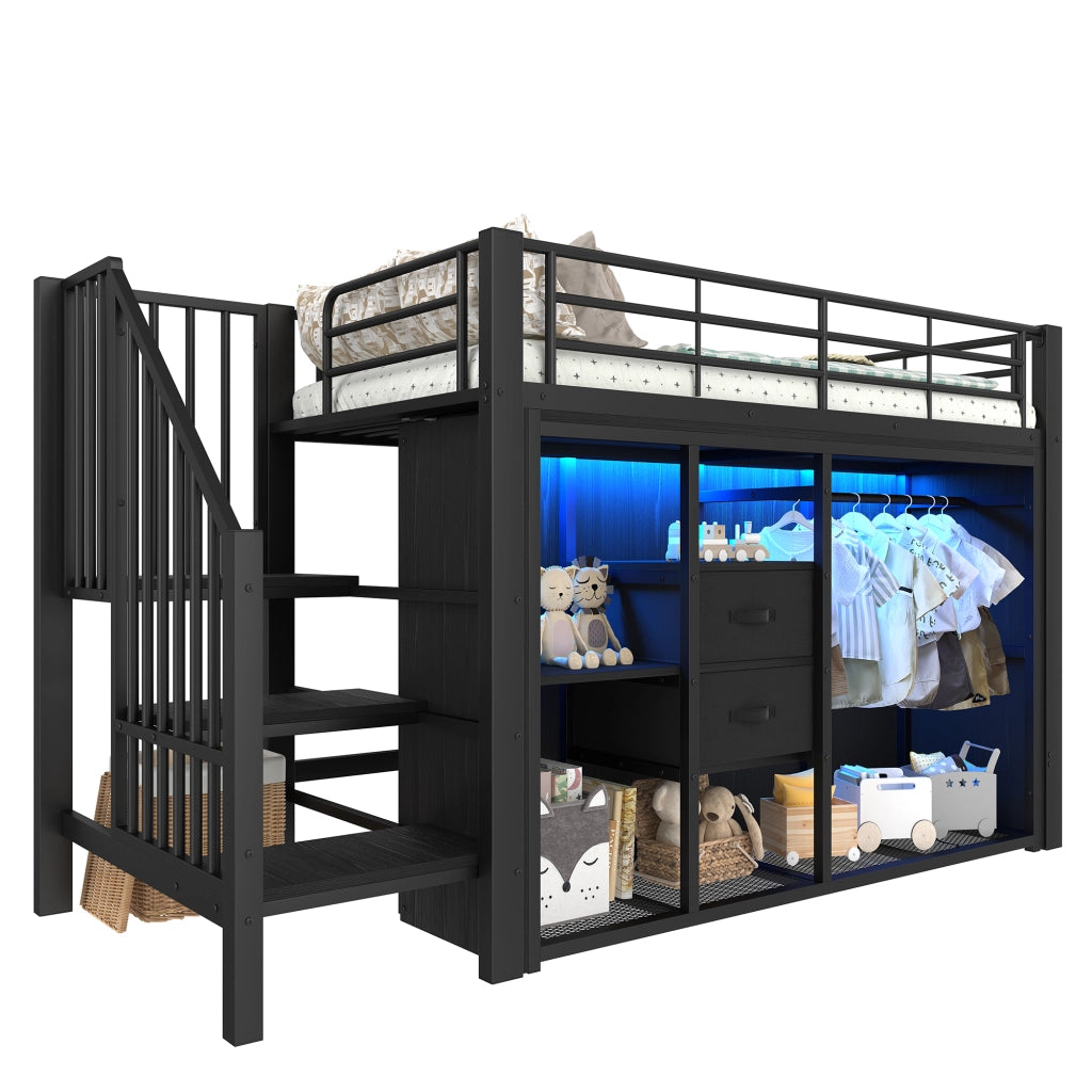 LETTO a soppalco 90x200 cm Nero con 2 cassetti, armadio aperto, LED
