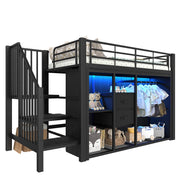 LETTO a soppalco 90x200 cm Nero con 2 cassetti, armadio aperto, LED