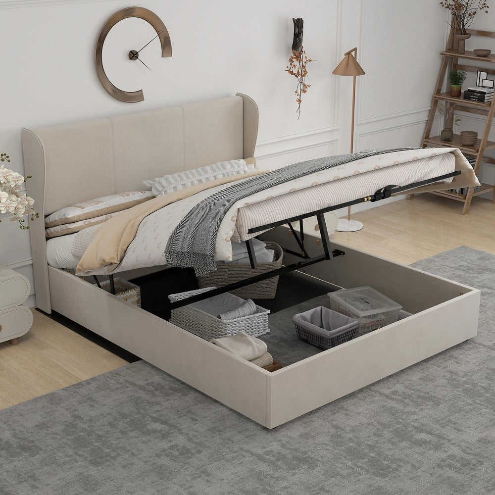 Letto Contenitore Imbottito 160x200 ¨C Xylo ¨C Beige, Testiera Morbida, Rete Idraulica