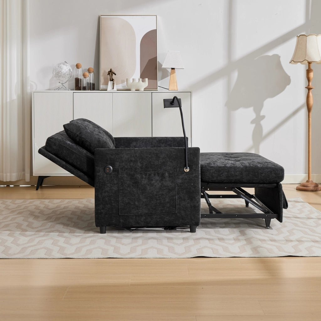 Divano convertibile moderno con porta USB e supporto tablet in tessuto effetto lino nero 109 × 72 × 83,5 cm