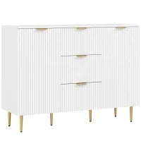Credenza Moderna con 3 Cassetti, 2 Armadietti e Ripiani Regolabili, Legno e Metallo, Bianco