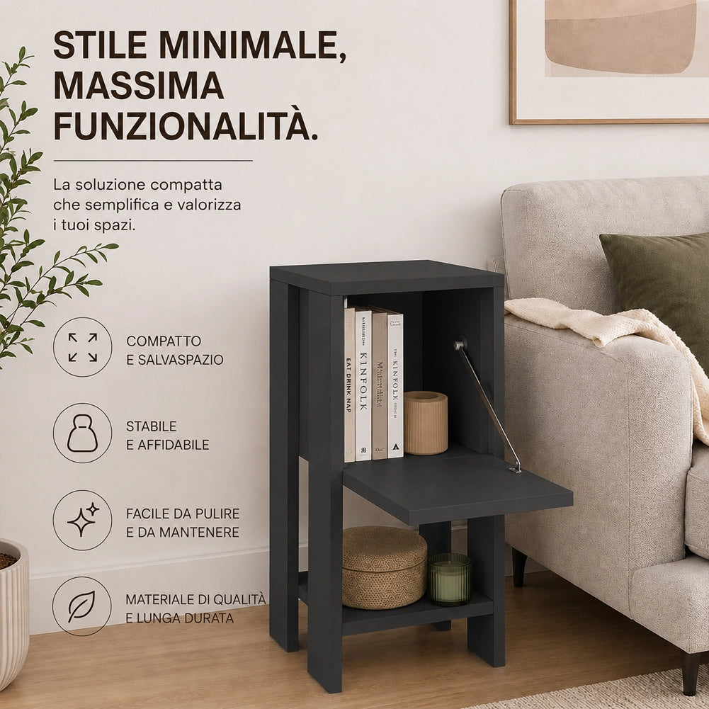Comodino Mobiletto 2 Ripiani con Anta Ribalta Tavolino Design Moderno Antracite