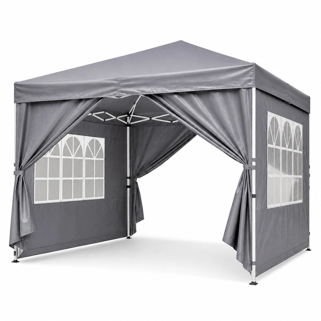 Gazebo Pieghevole Da Giardino Con Pareti Laterali E Finestre Trasparenti Sistema Pop Up Copertura Impermeabile UV50+ Telaio In Acciaio Per Eventi Outdoor 3 x 3 x 2.59 M Grigio