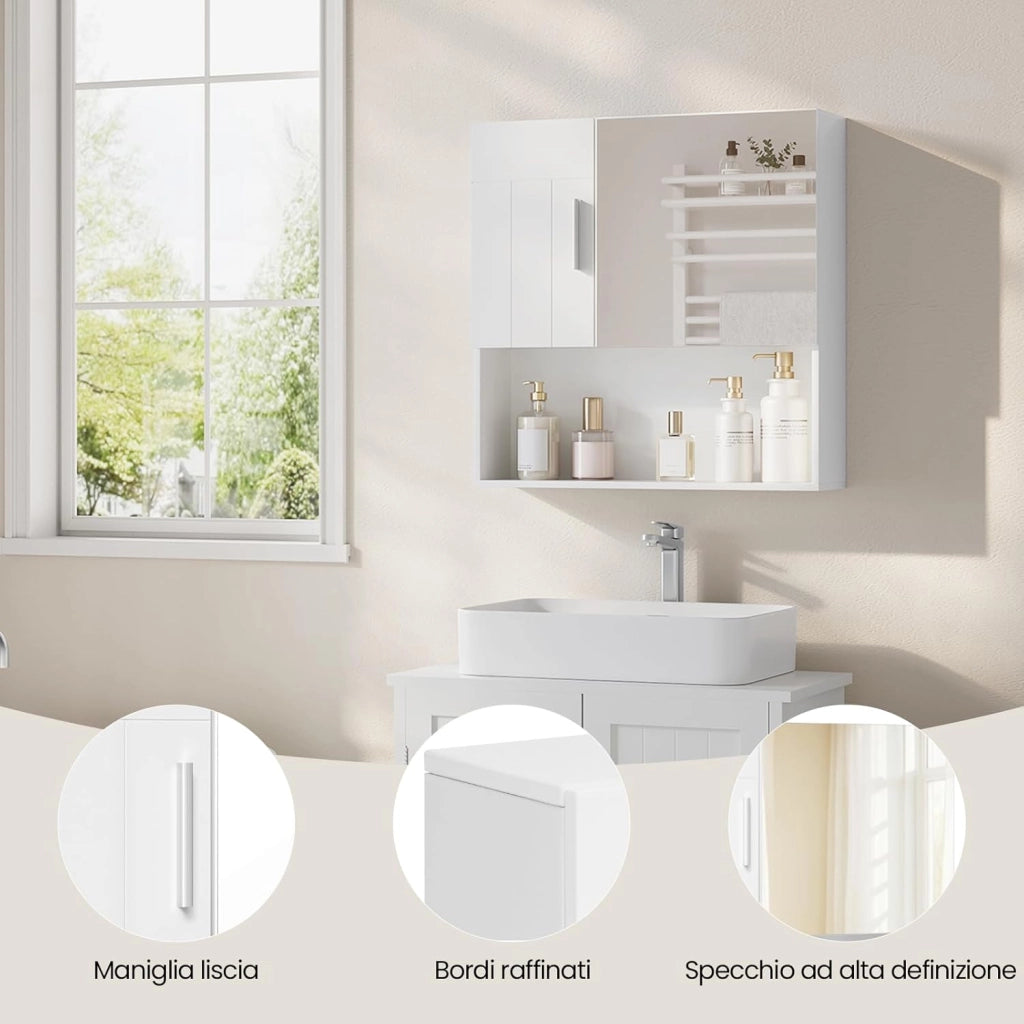 Armadietto da Bagno con Specchio e Anta, Mobiletto Sospeso con 5 Scomparti, Pensile da Cucina, Soggiorno, Camera da Letto, in MDF e Metallo, Bianco