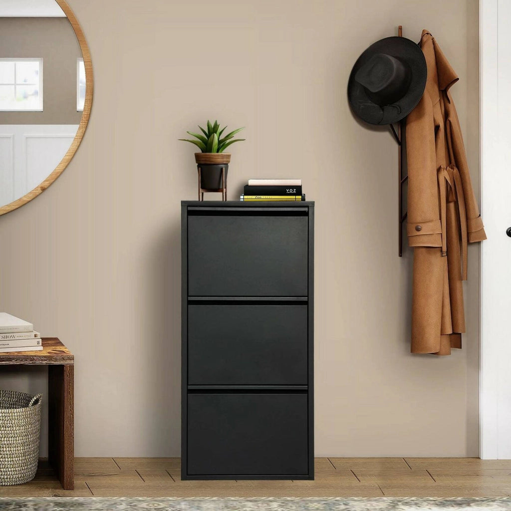 Scarpiera Alexa, Mobile portascarpe in metallo, Armadio da ingresso multiuso, Mobiletto per calzature, 50x15h104 cm, Nero