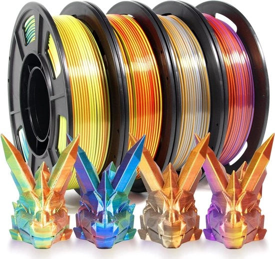 Set di filamento per stampante 3D a tre colori Silk PLA Metal - 1,75mm - 4 x 250g - Accuratezza dimensionale +/- 0,02 mm