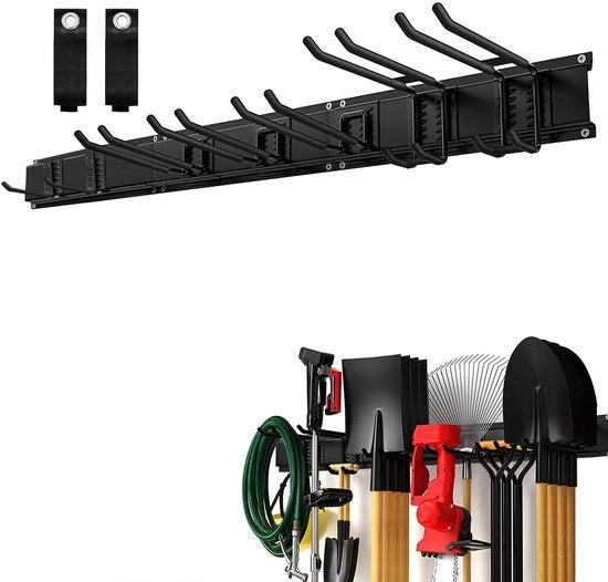Sostegno per attrezzi a muro con 7 ganci metallici, pannelli di sostegno per attrezzi a 3 binari, organizzatore per strumenti da giardinaggio e da lavoro
