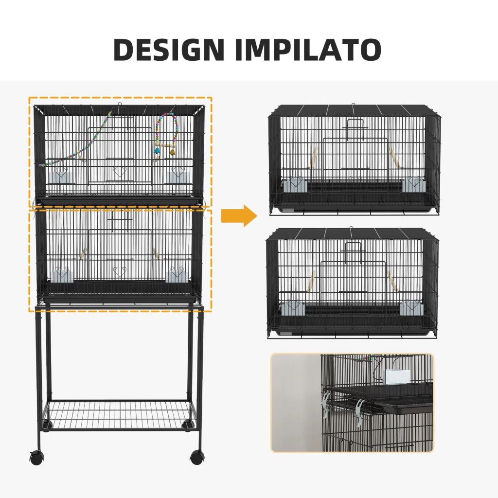 Gabbia per Uccelli in Acciaio e PP, Design Impilato con Posatoi, Altalene e Scalette, 77x46x164 cm, Nero