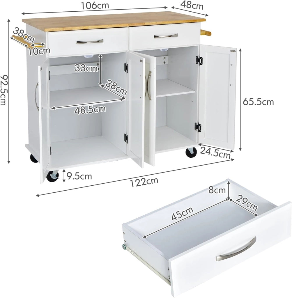 Carrello da cucina con piano di lavoro in legno di gomma con 2 armadi e ripiani regolabili, 2 cassetti grandi, portasciugamani laterali, armadio con ruote, 122 x 48 x 92,5 cm (bianco)