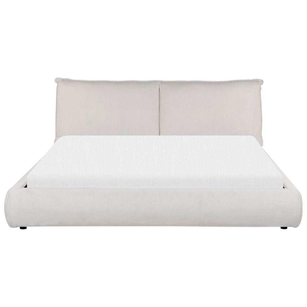 Letto matrimoniale imbottito in velluto a coste beige 180 x 200 cm con rete a doghe e spessa testata imbottita