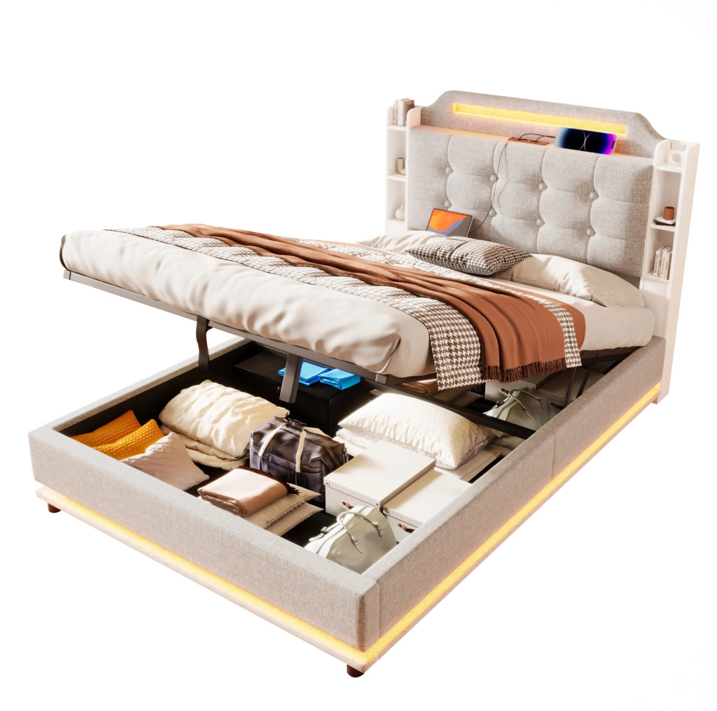 Letto matrimoniale imbottito 140x200 cm in lino beige con LED; contenitore idraulico e porte USB + Type-C