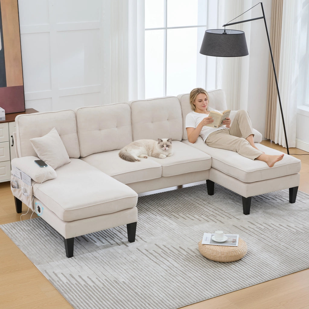 Divano panoramico a U 4 posti con tasche laterali, ricarica USB e struttura stabile in tessuto di lino beige
