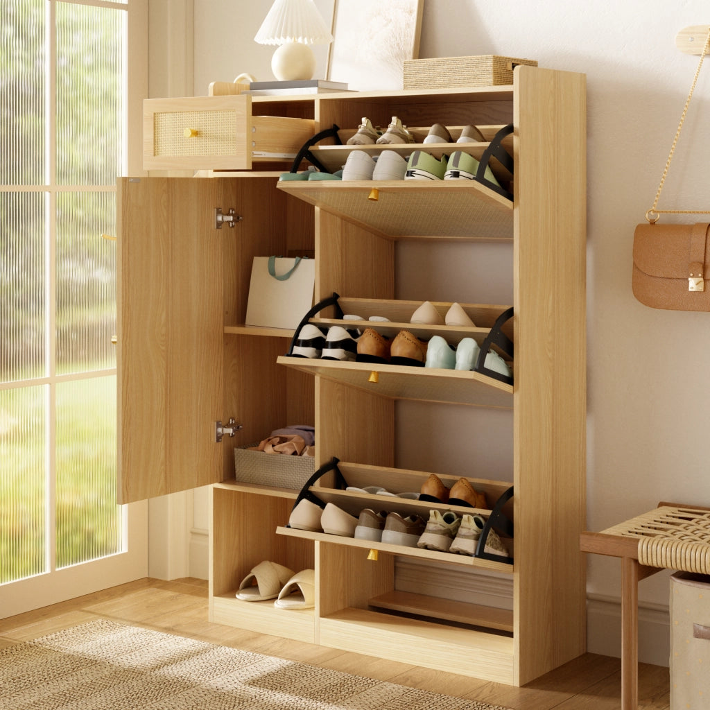 Scarpiera in truciolare con 3 ante a ribalta, 1 cassetto e 1 anta, design in rattan per ingresso, 80,5 × 25 × 125 cm