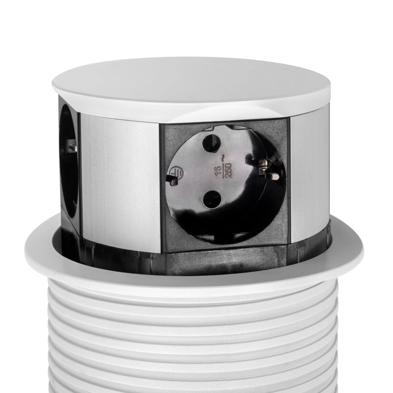 Multiconnettore Vertikal Push diametro 100mm, 3 spine di tipo Schuko, 1 USB tipo A, 1 USB tipo C, Acciaio e Tecnoplast..