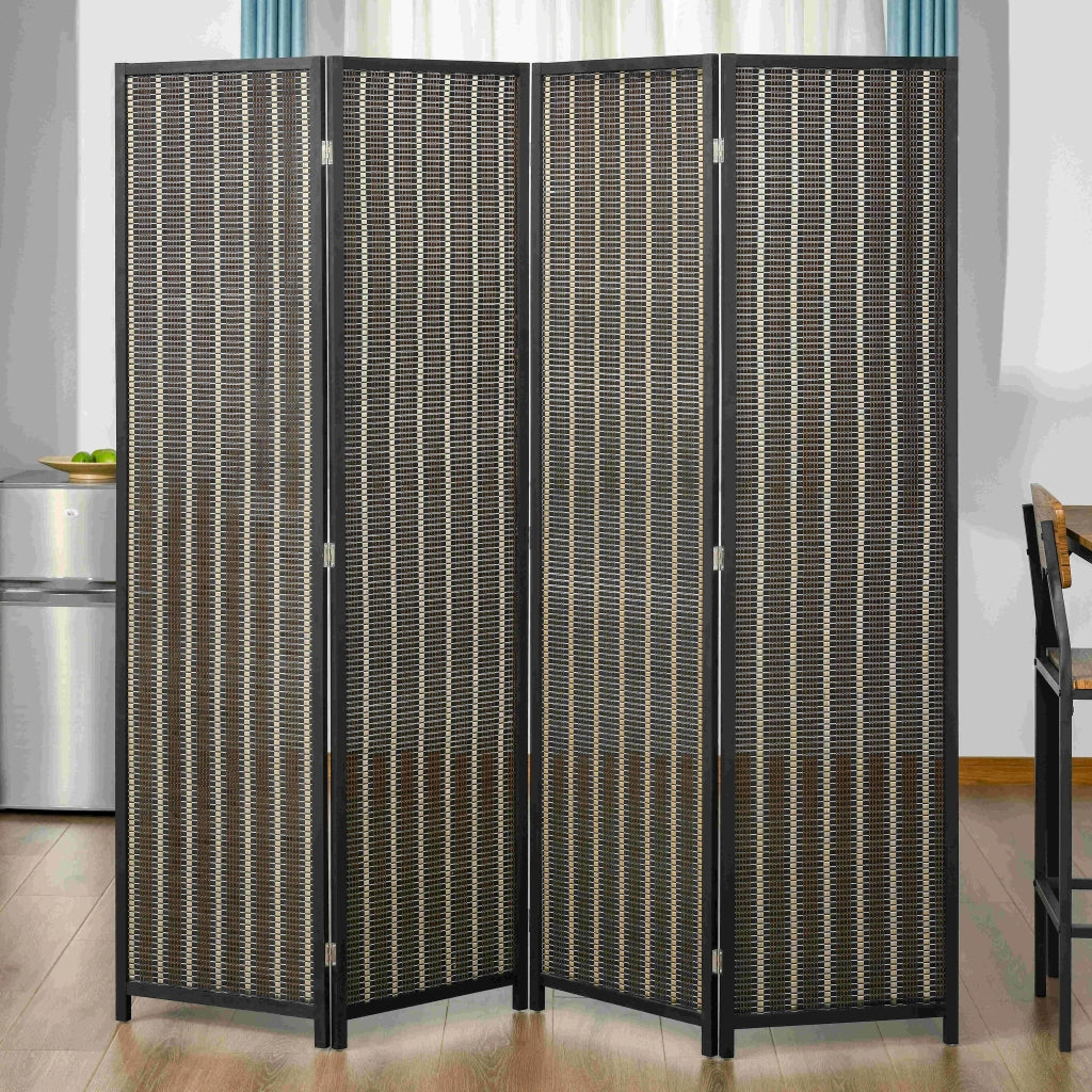 Paravento Pieghevole 4 Pannelli ¨C Zephmum ¨C Legno e Bamb¨´ Nero Marrone 180x180x1.9cm