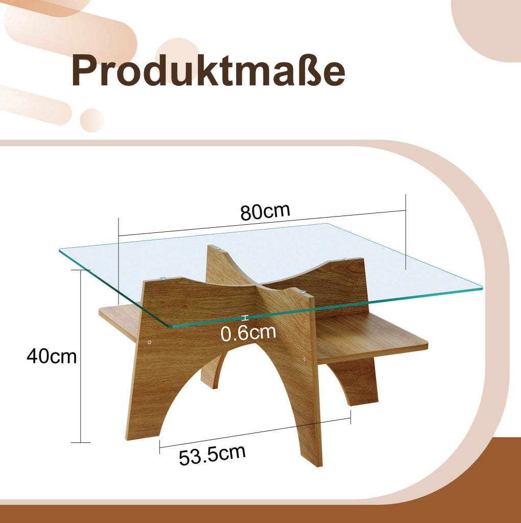 Tavolino da caffè 80x80 cm trasparente; vetro e MDF con ripiano