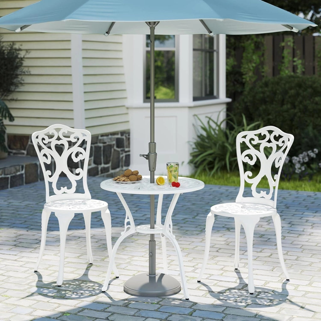 Set Tavolo da Bistrot in Fusione di Alluminio Set da 3 Pezzi Tavolino con 2 Sedie per Giardino Balcone Bordo Piscina, Colore Verde Bronzo/Bianco (Bianco)