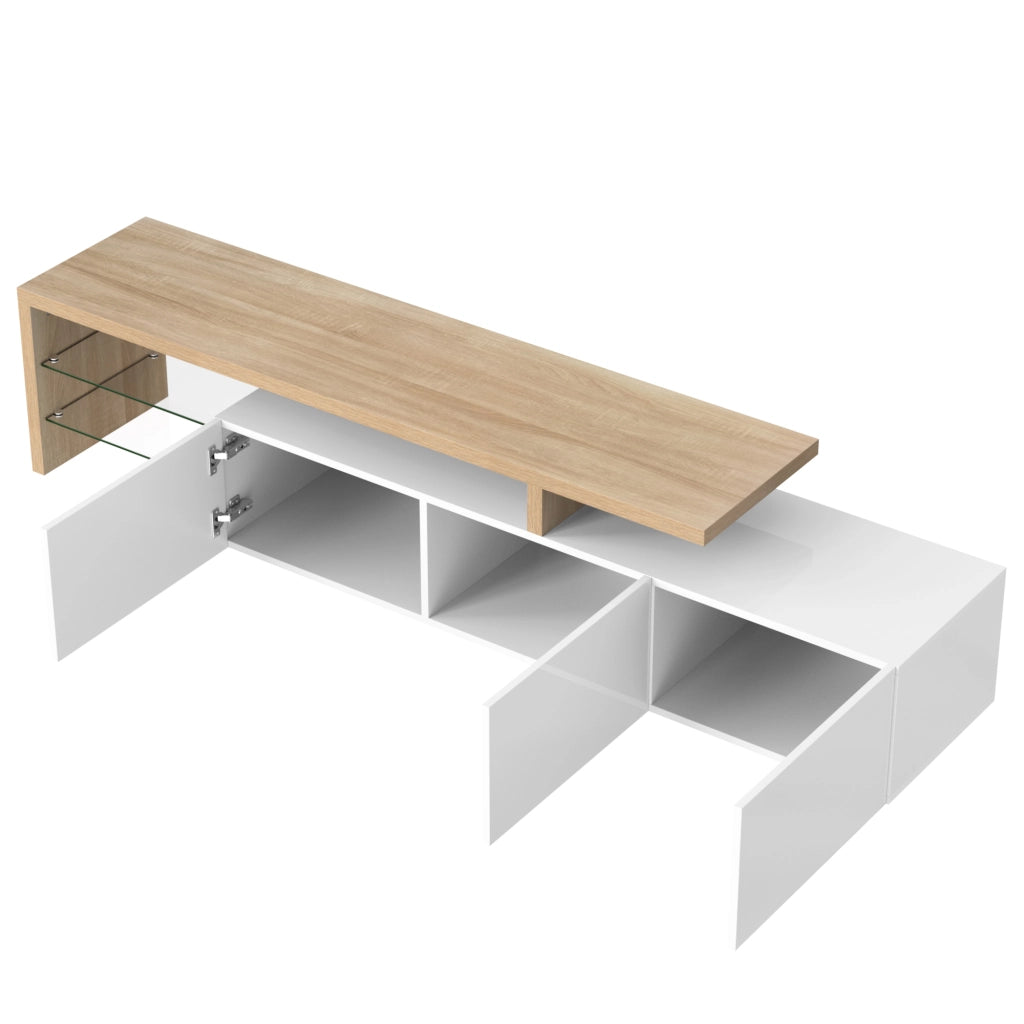 Mobile TV con 3 Ante; Ripiani in Vetro e LED 7 Colori; Bianco Lucido; in MDF; Naturale; 197;5¡Á39¡Á42 cm