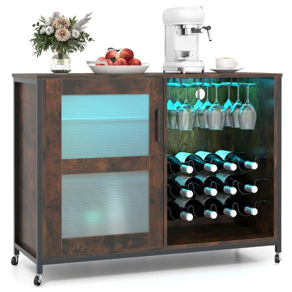 Mobile bar per vino con luce led credenza buffet con ripiani regolabili, Mobile bar per vino supporti per bicchieri Marrone