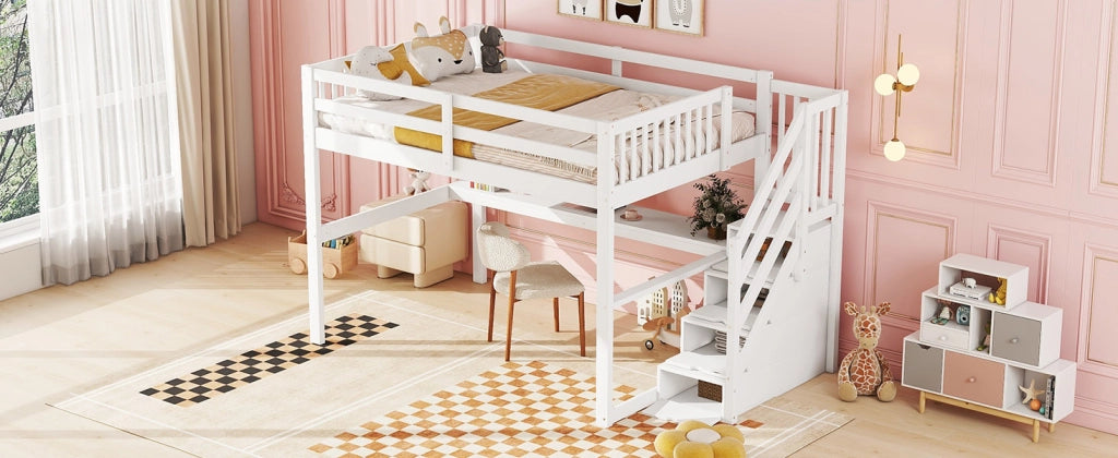 LETTO a soppalco con scrivania e cassetti 140x200 cm Legno di pino Bianco