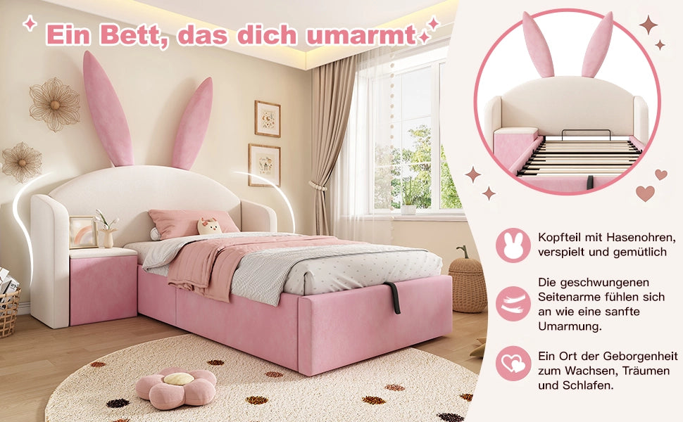 Letto Singolo Imbottito con Contenitore Idraulico e Comodino ¨C MINIMAL ¨C Velluto Beige Rosa 90x200
