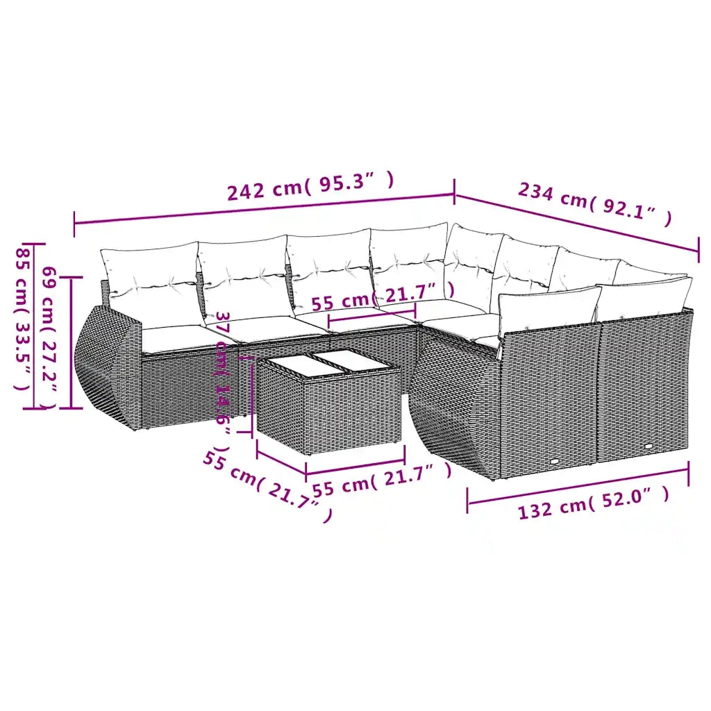 Set Divani da Giardino 9pz con Cuscini Marrone in Polyrattan