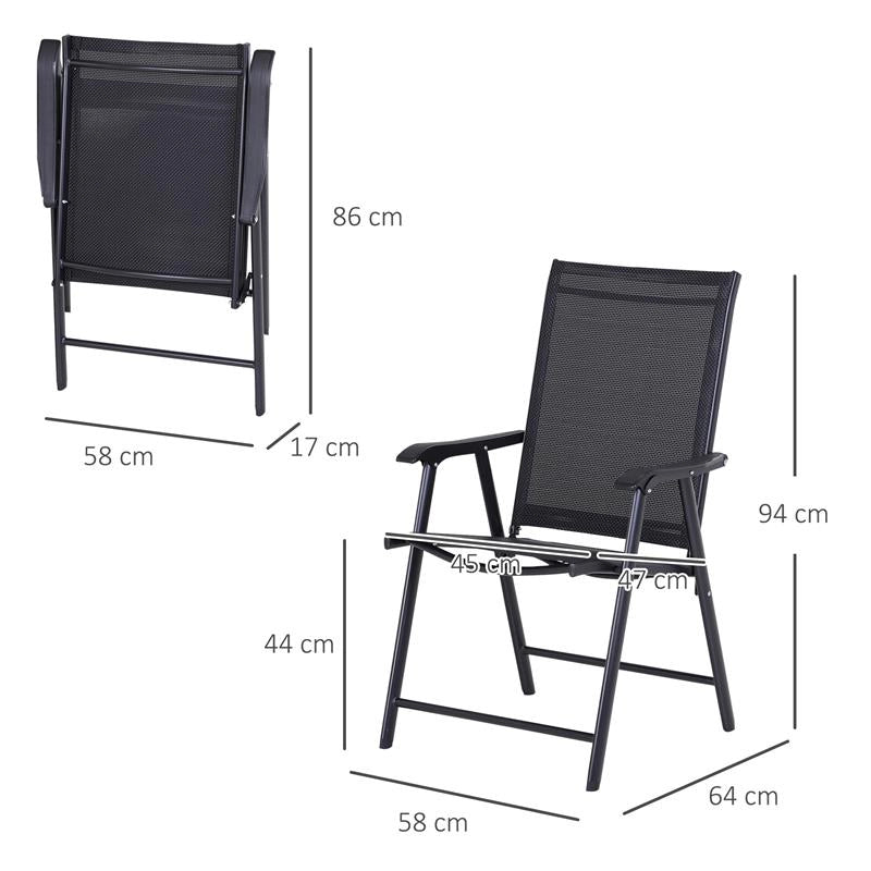SET 2 SEDIE DA GIARDINO PIEGHEVOLI CON BRACCIOLI IN METALLO E TEXTELINE, 58X64X94CM, NERO