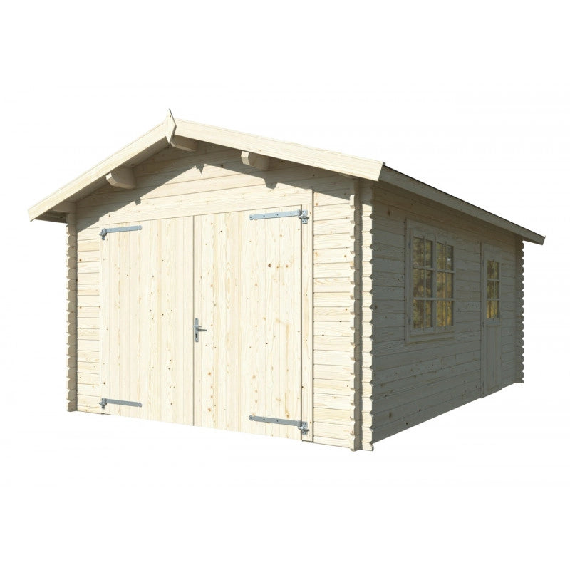 Garage in legno Tony 350x520 cm spessore 34 mm con portone doppio finestra laterale e porta singola  Esterni da Vivere