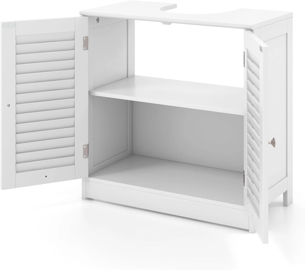 Mobile Sottolavabo per Bagno, Armadietto a Terra con 2 Ante a Persiana, Ripiano e Taglio a U 24 x 20cm, Organizer Moderno e Salvaspazio per Prodotti da Toeletta e Asciugamani, Bianco