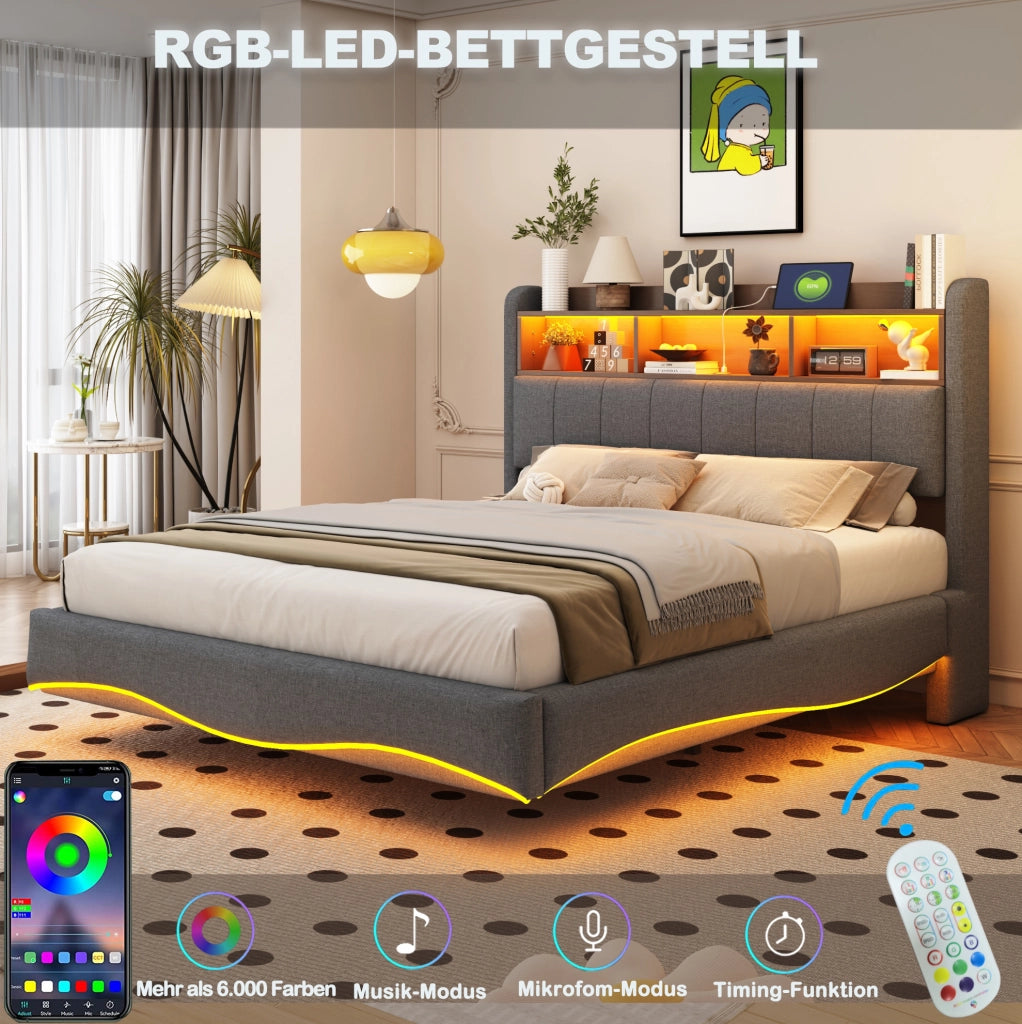 Letto imbottito sospeso 160x200 cm con LED; porte USB e Type-C; grigio