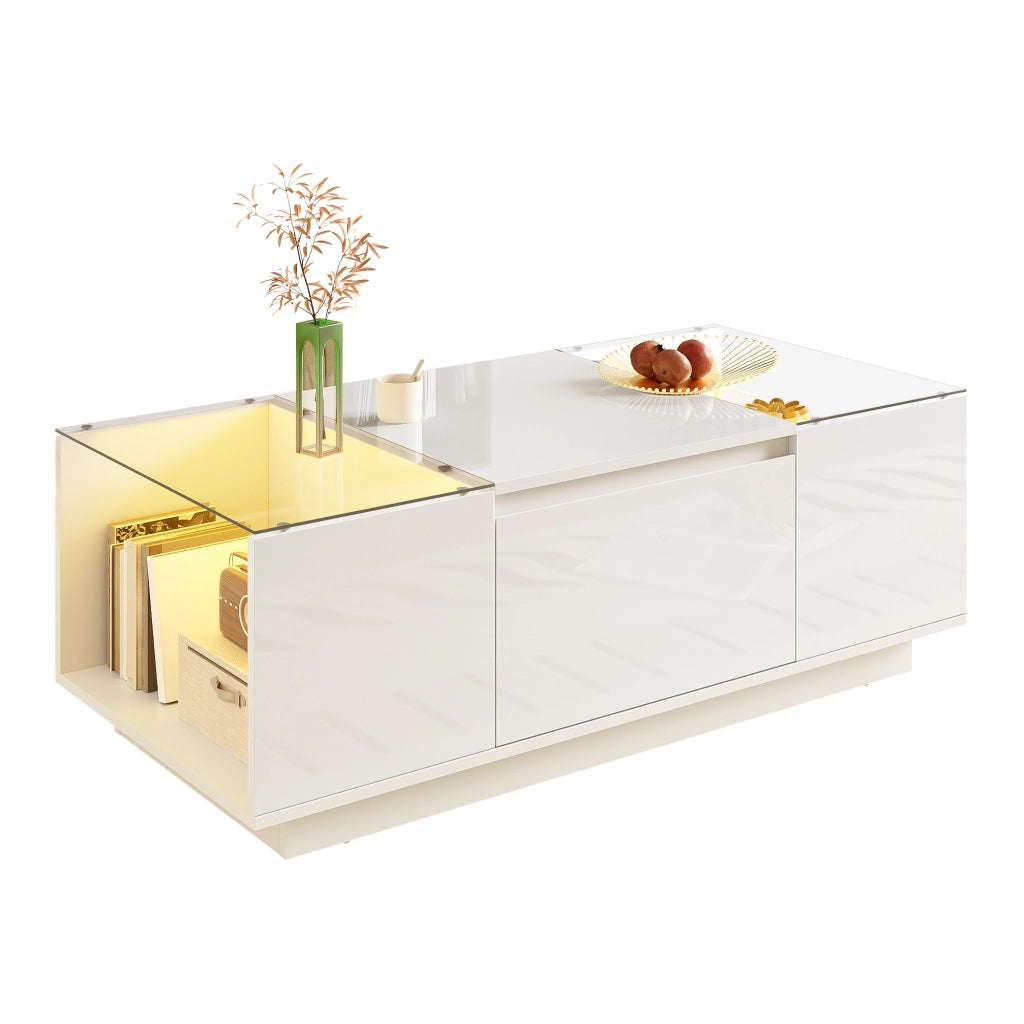 Tavolino da caffè 105x50x35 cm; con LED e spazio contenitivo; truciolare bianco