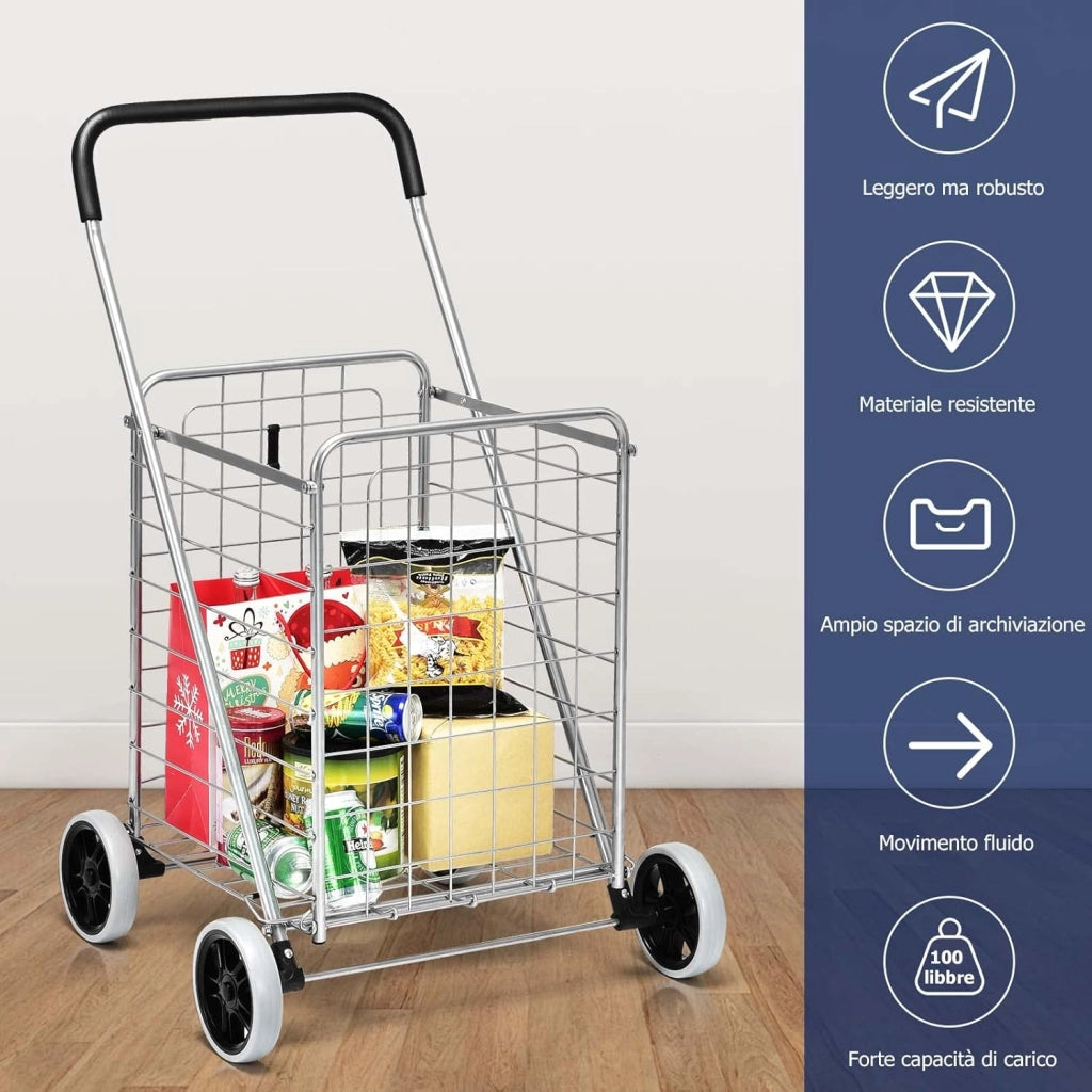Carrello Portaspesa Pieghevole, Carrello Spesa con Ruote, Capacità di Carico: 45 kg, 83L, 57 x 58 x 91 cm (Argento)