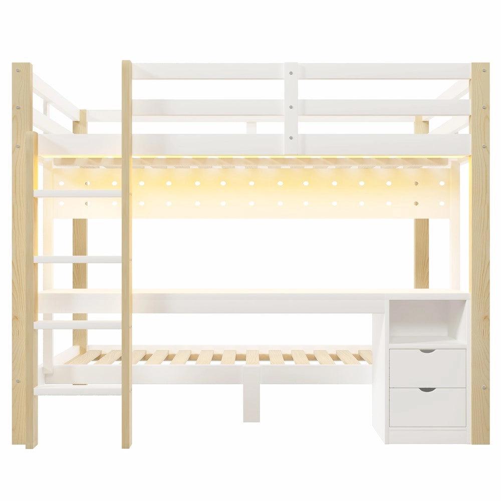 Letto a Soppalco con Cassetti, Scrivania e LED ¨C MINIMAL ¨C Pino, 90x200 / 140x200, senza Materasso