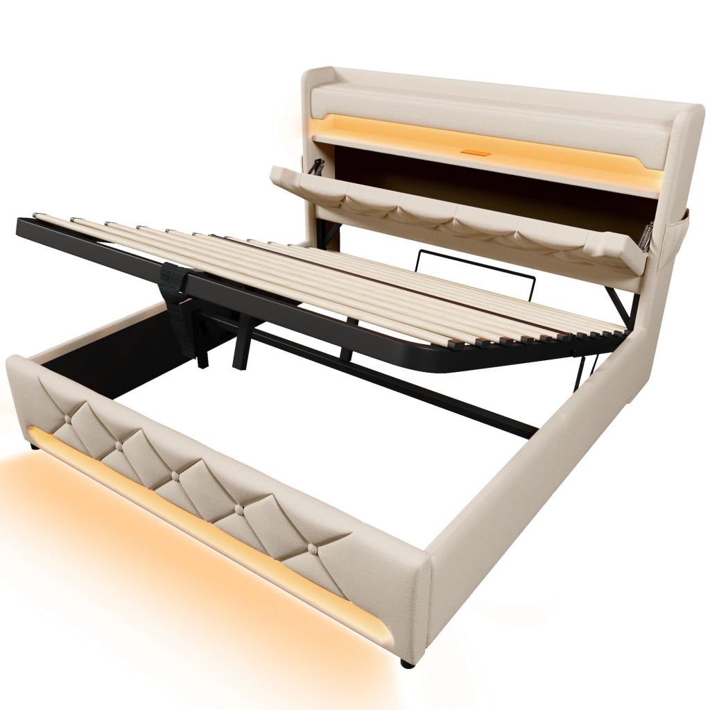 Letto imbottito ULEVR 140x190 cm con contenitore idraulico, LED 360¡ã, ricarica USB e USB-C, lino beige
