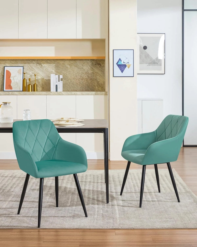 Set di 4 Sedie per Sala da Pranzo Imbottita, Poltroncina in Velluto,Sedia da Cucina con Braccioli e Schienale, Gambe in Metallo, Azzurro, BH352ts-4