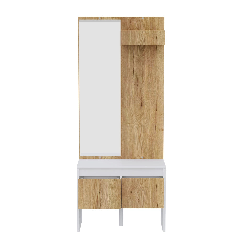 Set ingresso salvaspazio con appendiabiti, ganci, specchio, panca portascarpe e 2 cassetti, bianco e naturale, 60¡Á38¡Á145 cm