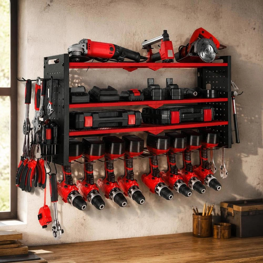 Tool Storage Wall Mount, 4-tier Storage Rack With 8 Drill Bit Holders, Tool Holder With Side Pegboards, Tool Organizer For Garage, Workbench & Workshop, Red