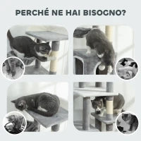 Albero Tiragraffi per Gatti con 2 Casette, Rampa, Trespoli e 4 Palline, 48x40x165 cm, Grigio e Bianco
