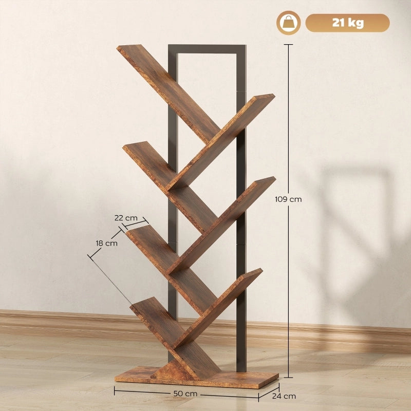 Libreria, scaffale autoportante con 7 ripiani, stretto, a forma di albero, per ufficio, marrone rustico
