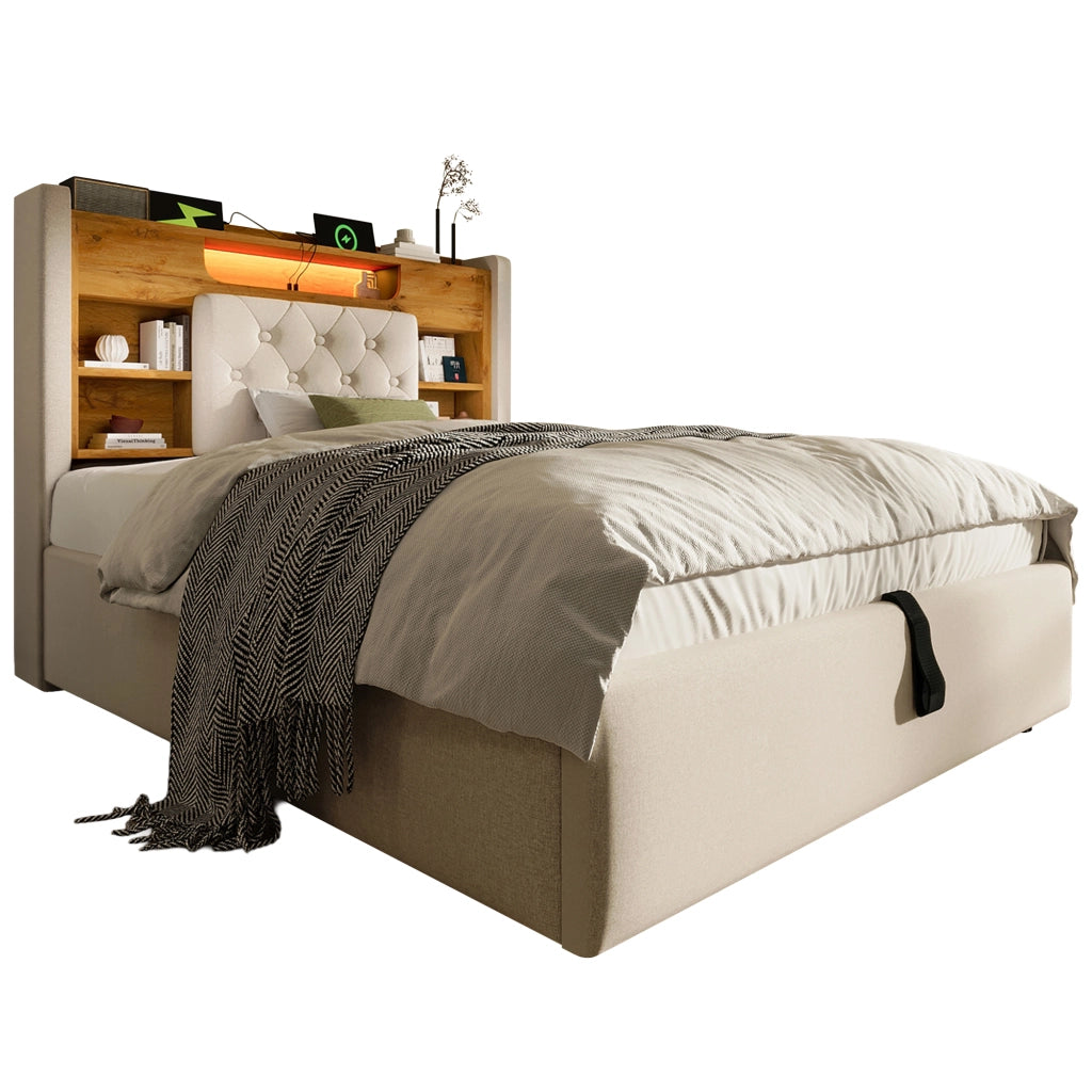 Letto imbottito 90x200 cm con contenitore idraulico, LED, USB/Type-C, testiera con ripiani, beige