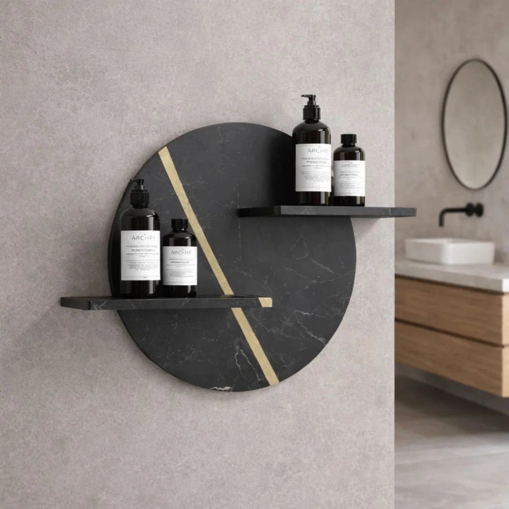 Mensola a parete nero e nocciola venato in artificial stone serie jorm per bagni *** finitura- nero, confezione 1
