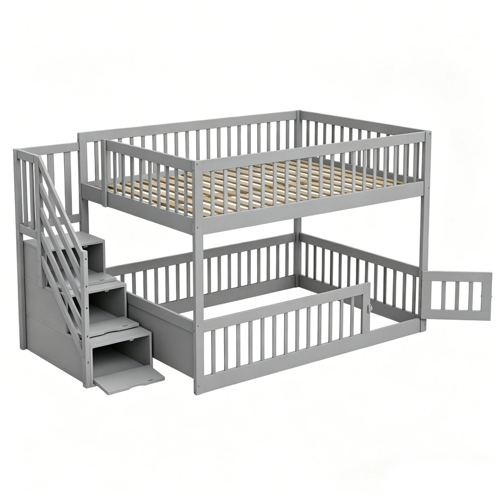 Letto a castello 140x200 cm con scala contenitore e letto inferiore apribile in legno grigio