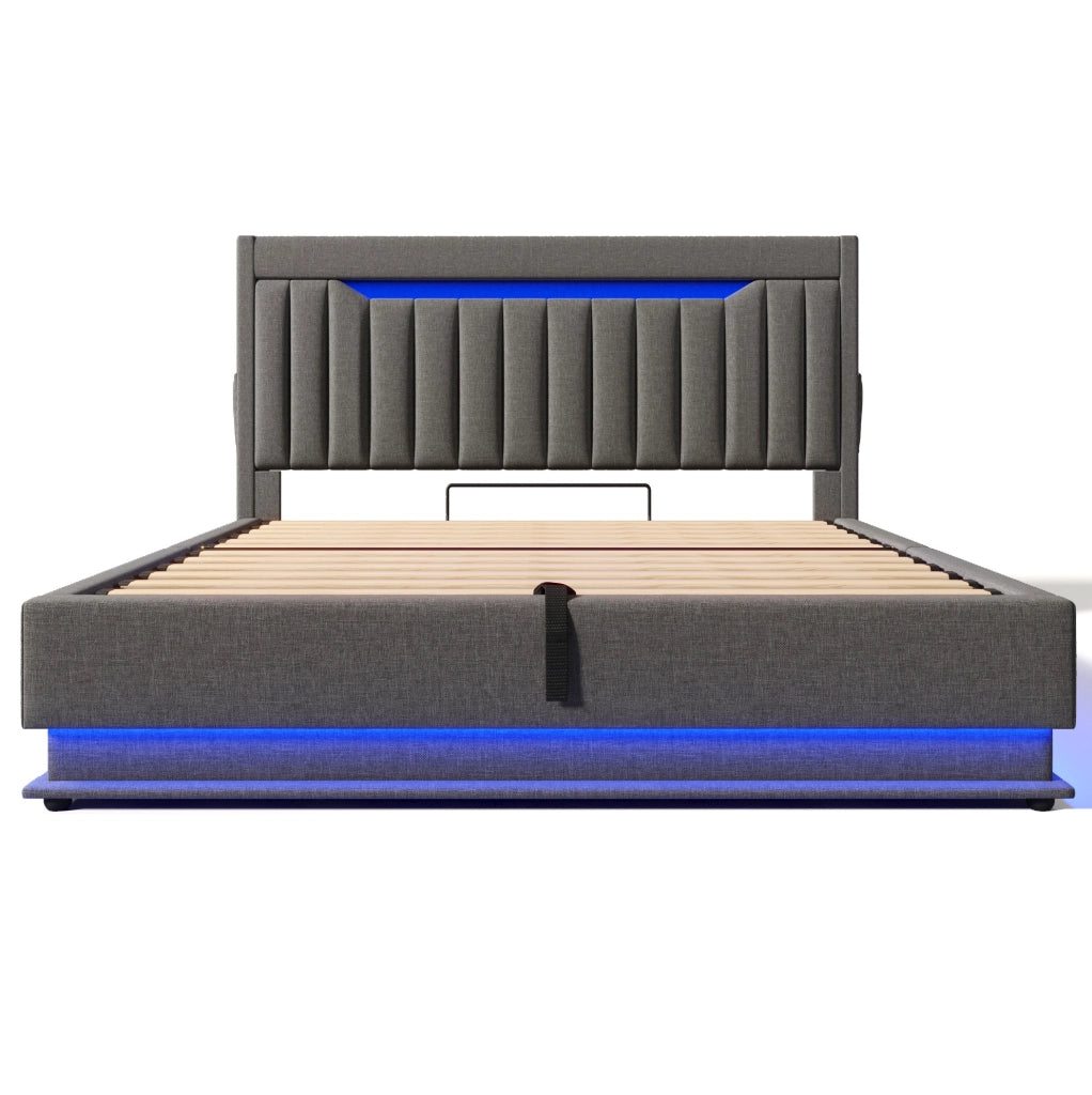 Letto matrimoniale 140x200 cm con LED e ricarica USB Type-C; lino grigio (Senza materasso)