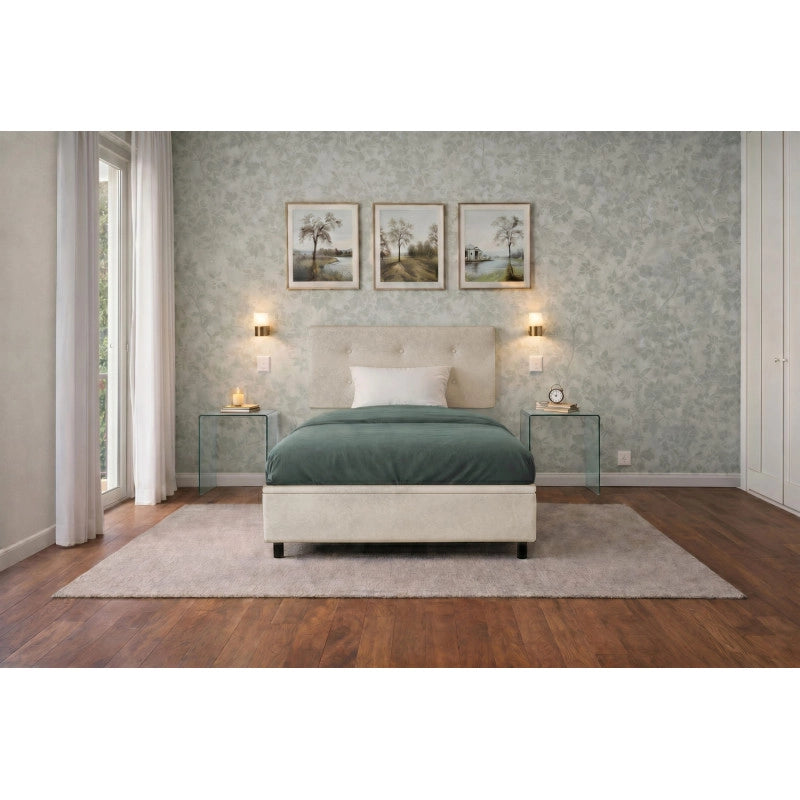 Letto imbottito Singolo 80x200 cm Button - Contenitore,Microfibra,Sabbia