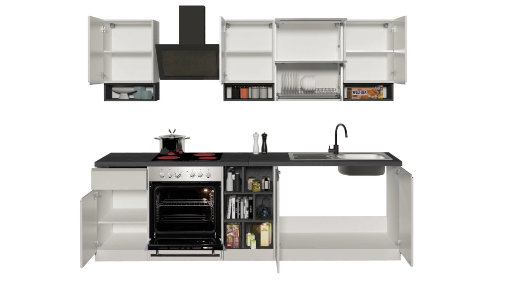 Cucina Lineare SOLE 256 cm - Bianco e Report, Design Moderno Made in Italy