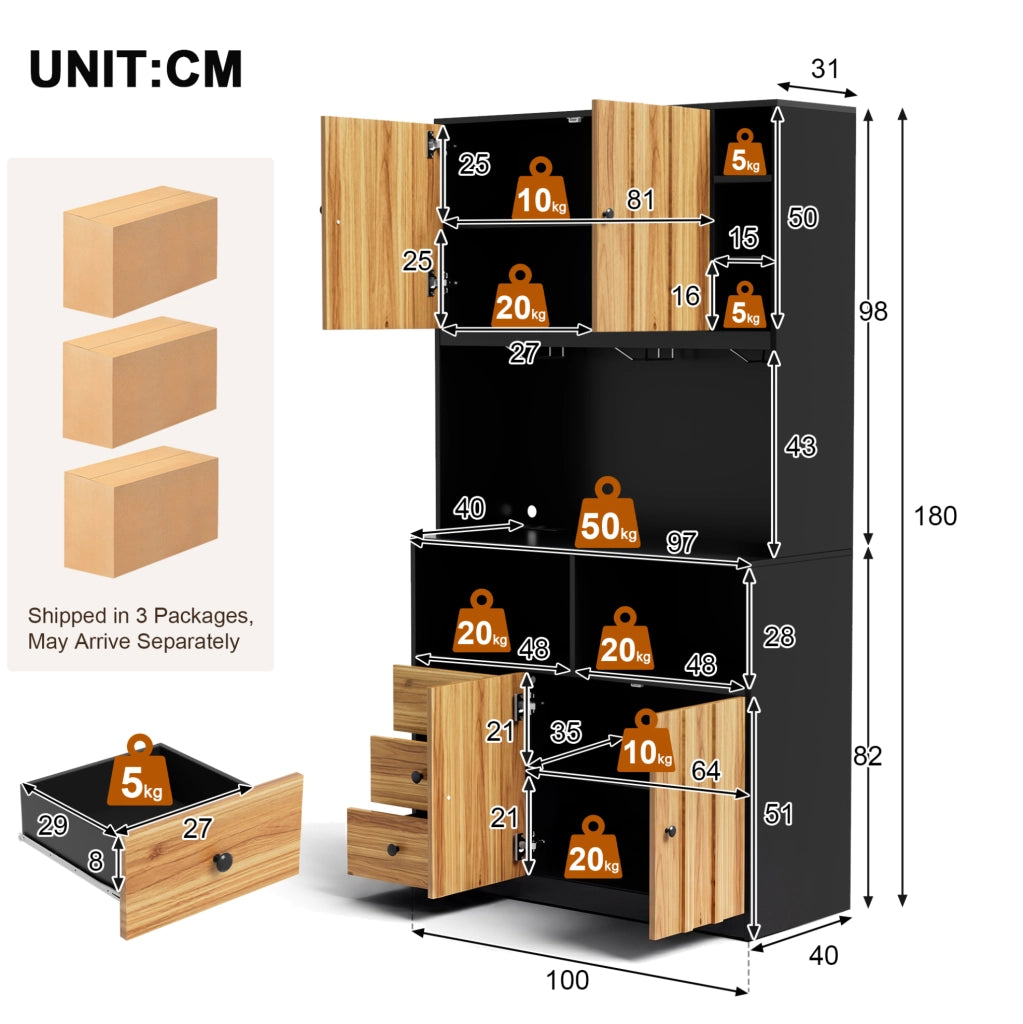 Credenza alta da cucina 100x40x180 cm in MDF; nero e naturale; con LED RGB; prese e porta bicchieri